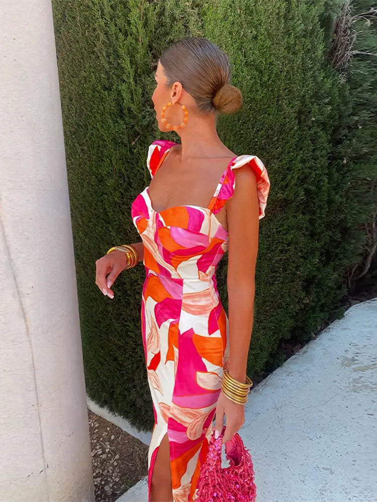 New Contrast Print Split Dress For Women Fashion Slim Sleeveless Chest Wrapping Robes Chic Lady Party Vacation Vestidos Figure Color