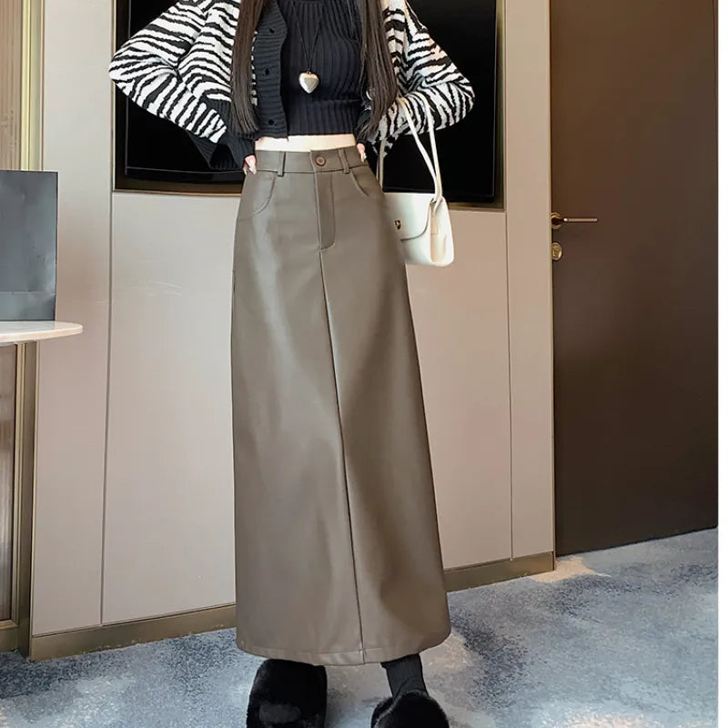 Vintage PU Leather Slit Skirt Women Fall Winterhigh-waisted Slimming Long A-line Skirts Female Fashion All Match Faldas Mujer Coffee