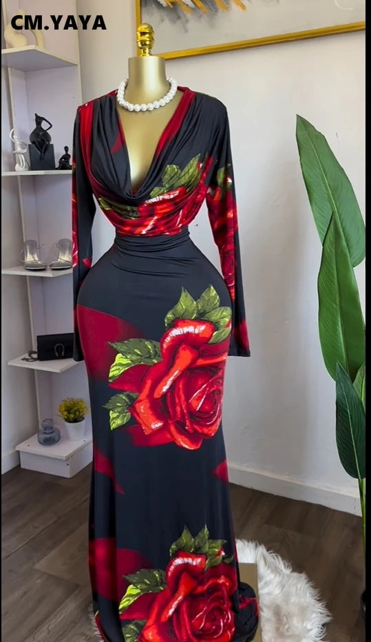 Women Rose Printed Long Sleeve Pile Neck Bodycon Midi Maxi Long Dress 2025 Summer Birthday Vacation Sexy Party Dresses