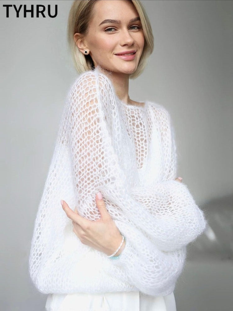 TYHRU – pull tricoté en maille ajourée pour femme, pull fin, transparent, manches lanternes, hauts amples, Smock