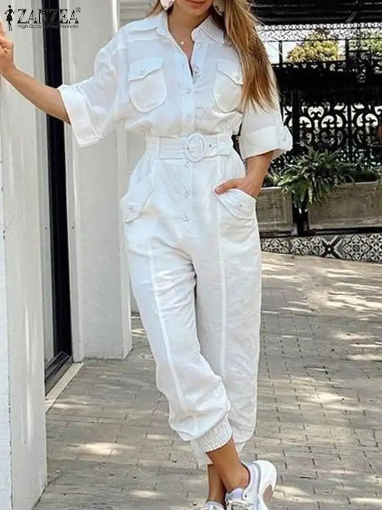 ZANZEA Summer Fashion Work Jumpsuits Woman Lapel Neck Cargo Playsuits Female Elegant OL Party Rompers Loose Pant Oversized 2024 White
