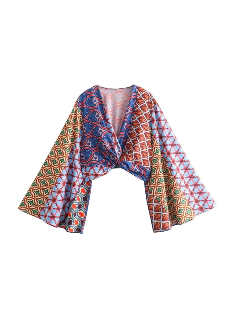 Aonibeier Printed Women Slim Shirt Wide Pants Suits Traf Summer Flare Sleeve Knot Front V Neck Crop Top Female Sets Y2K Outfits One Piece Top