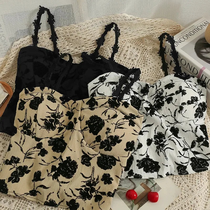 Women Summer Sweet Elastic Camis Underwear Padded Bra Spaghetti Cute Crop Tops Print Tank Tops for Women Backless Tops