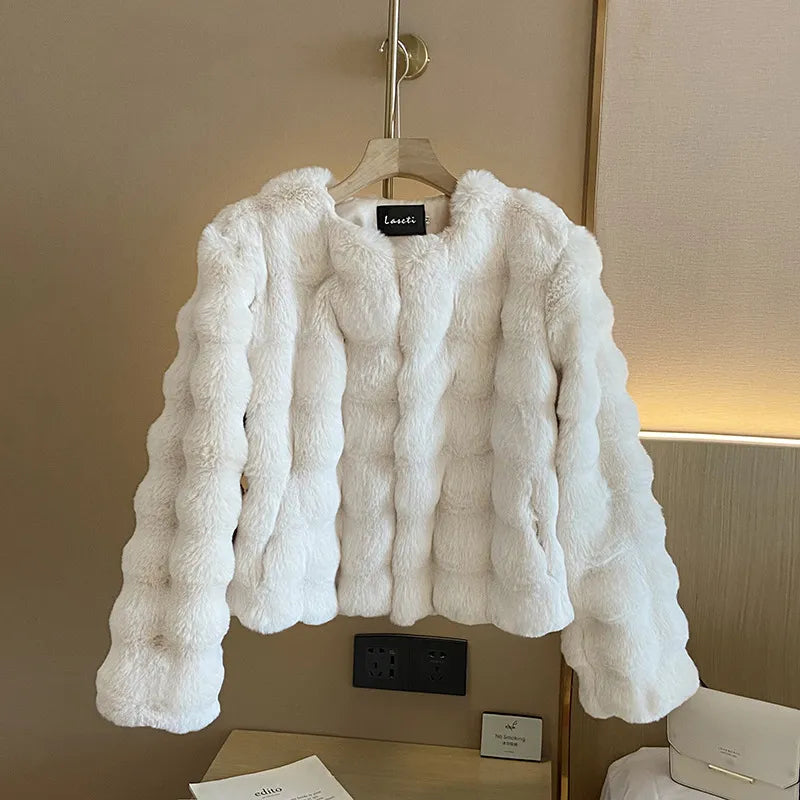 White Fur Coat for Women Autumn and Winter Short Imitation Fur Plush Collarless Top Short Top Warm WHITE