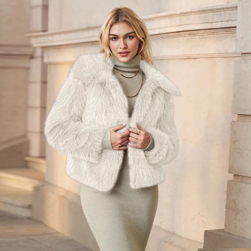 Autumn Winter Women's Fur Coat New Turn-Down Collar Long Sleeves Open Stitch Fashionable Plush Thickened Warm Fur Jackets 3 Beige