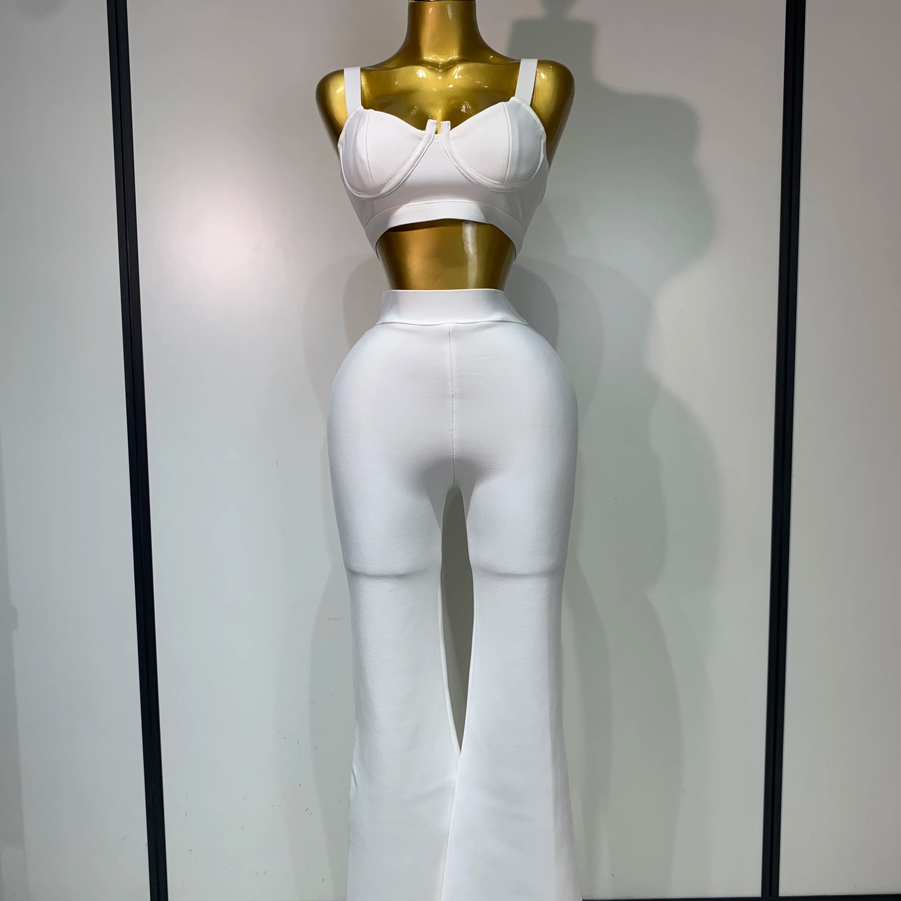 Women Sexy Bandage Crop Top Pant Set Evening Party Club Luxury Birthday High Street Fashion Elegant Luxury Birthday Outfit  WHITE