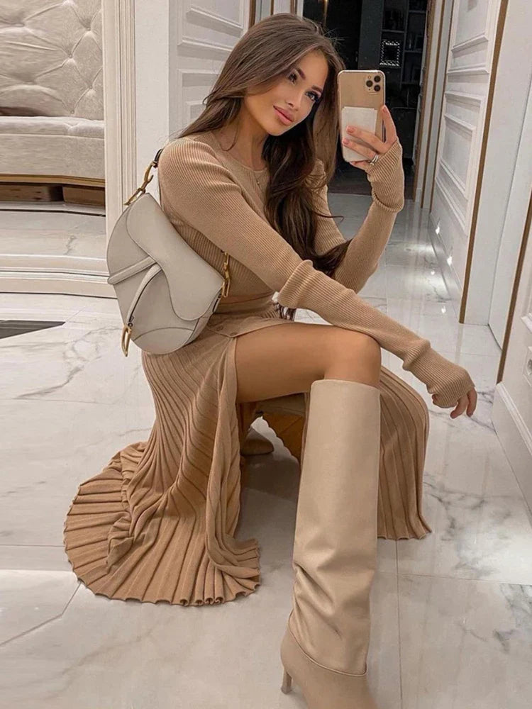 Cryptographic Solid Sexy Sweater Cropped Top Midi Skirt Two Piece Set Women Matching Set Outfits Button Up Split Skirts Winter khaki