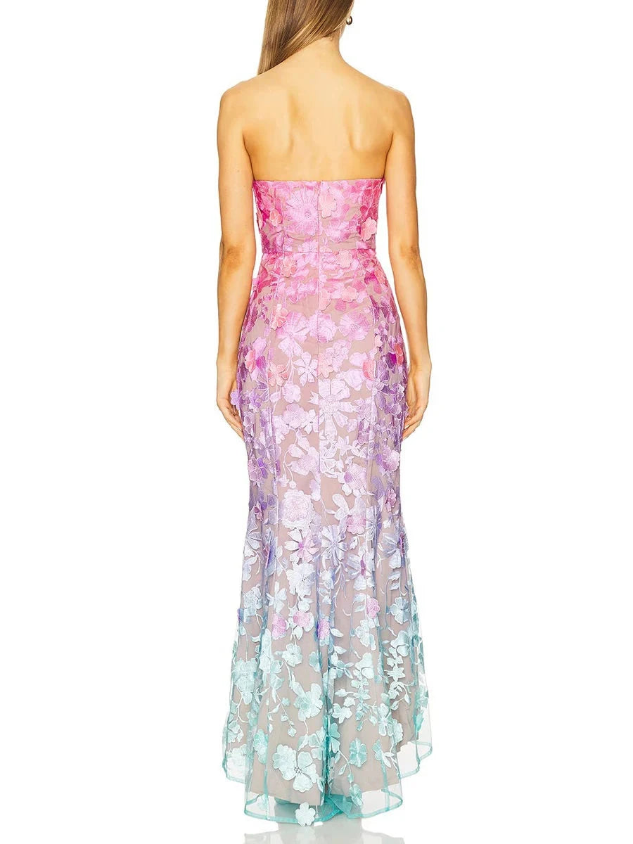 Colorblock Spliced Appliques Elegant Dresses for Women Strapless Sleeveless Gradient Dress Female Fashion Clothing