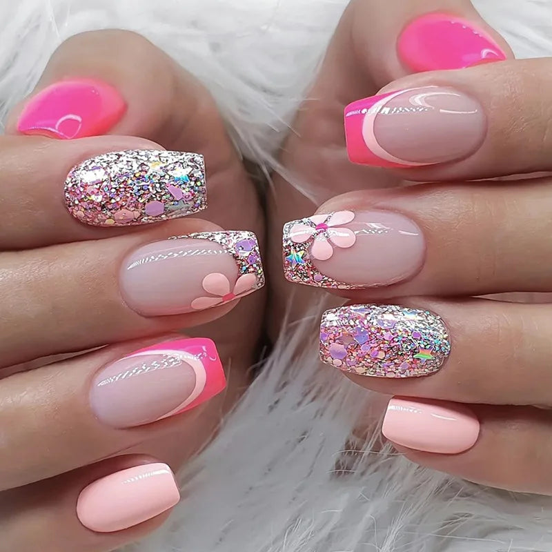 24Pcs Glitter Fake Nail Art with Sequin Design Mid-length Square Head False Nails Tips Retro Wine Red Wearable Press on Nails 1269