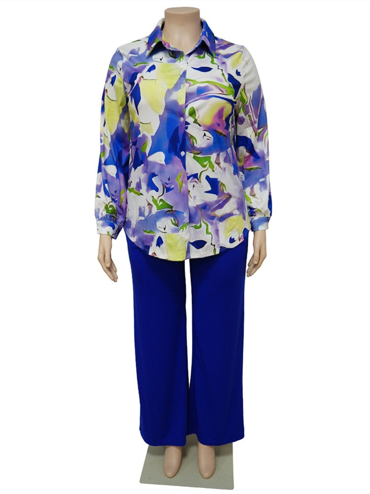 Ensemble deux pièces grande taille pour femmes, chemises imprimées, hauts et pantalons, poches, jambes larges, costume assorti à la mode d'automne