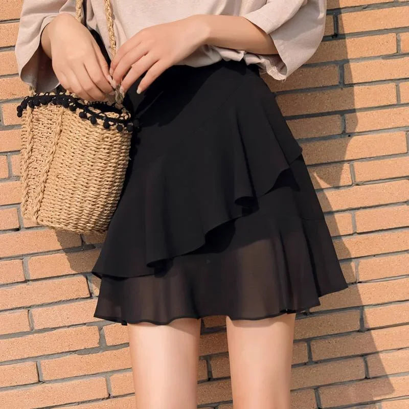 Womens Skirt Ruffle Skirts for Women Black Beach Clothing Chiffon Fashion Premium Luxury A Line Summer New in Korean Style