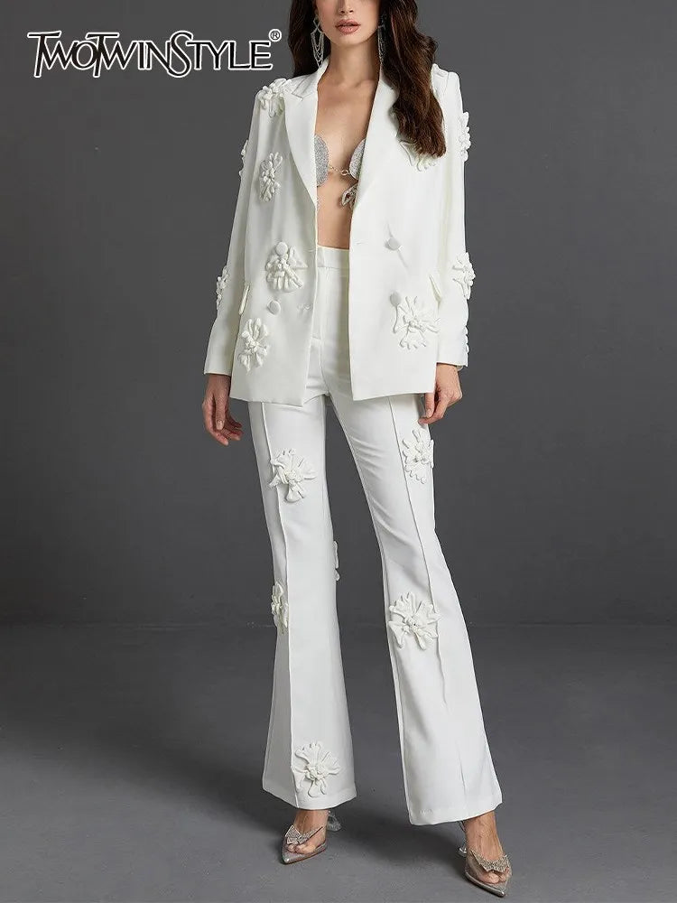 Solid Patchwork Appliques Two Piece Sets For Women Lapel Long Sleeve Coat High Waist Pant Chic Set Female Clothing