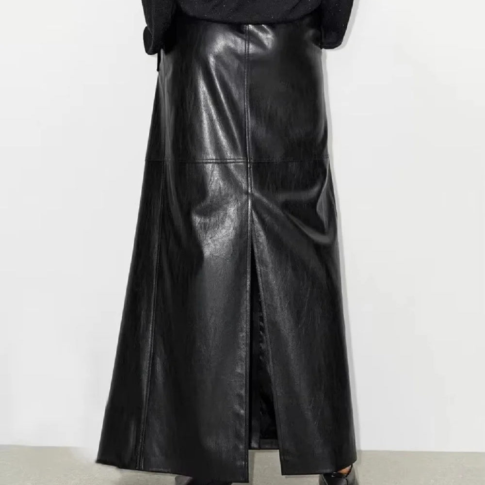 Lautaro Spring Autumn Shiny Black Soft Pu Leather Floor Length Skirt Women with Front Slit High Waist Extra Long Clothes 2025