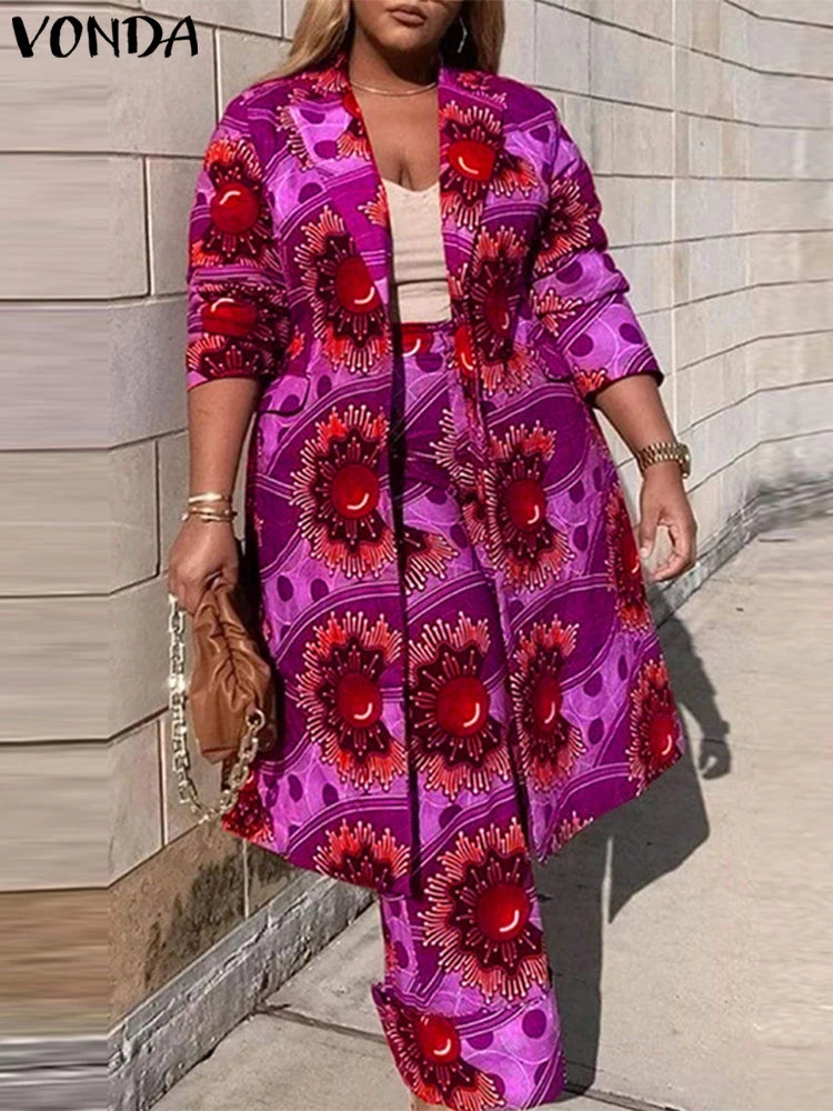 Plus Size VONDA Women Sets Two Piece 2024 Holiday Bohemian Printing Elegant Long Sleeve Outfits Fashion Casual Simple 2pc Suits Rose