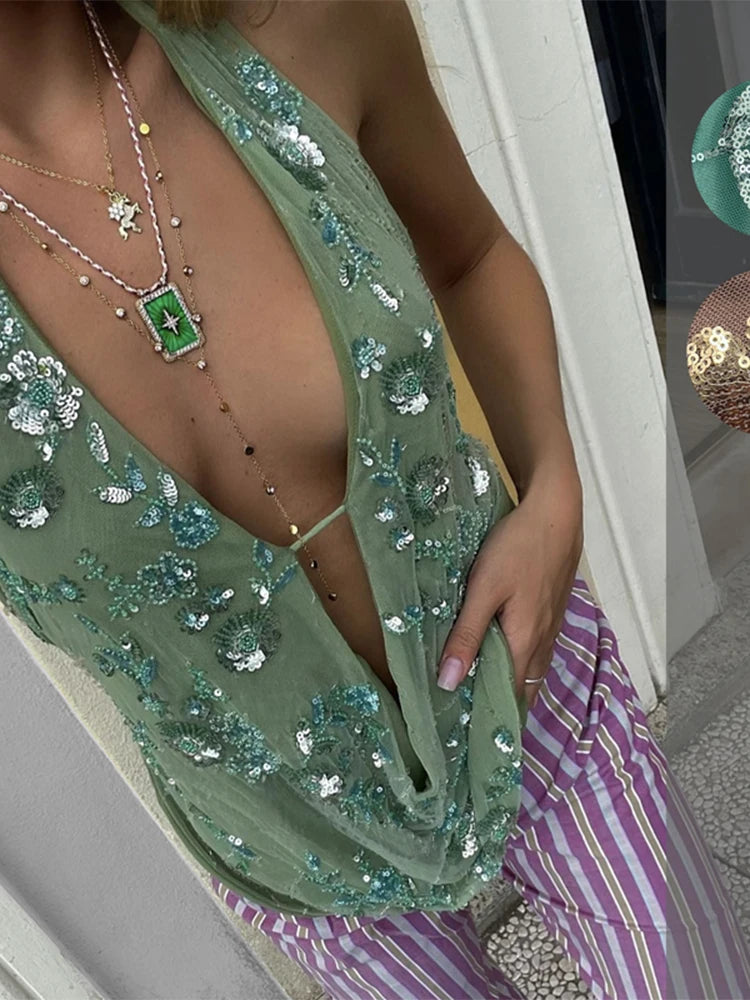 Sexy Shiny Glitter Halter Women's Vestido New Summer Sleeveless Open Back Mini Dresses Fashion Women Evening Party Clubwear 2025 Beige