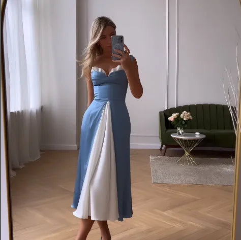 Women Maxi Dress Summer Fashion Casual V Neck Sling Nipped Waist Slits Loose Elegant Beach Sexy High Street Wear Blue