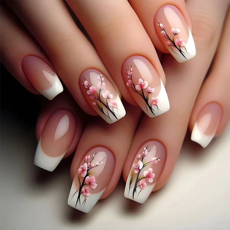 24pcs/set Meduim long fake nails for women peach flowers heart for Spring summer Square faux ongles press on false nail art tips 1915