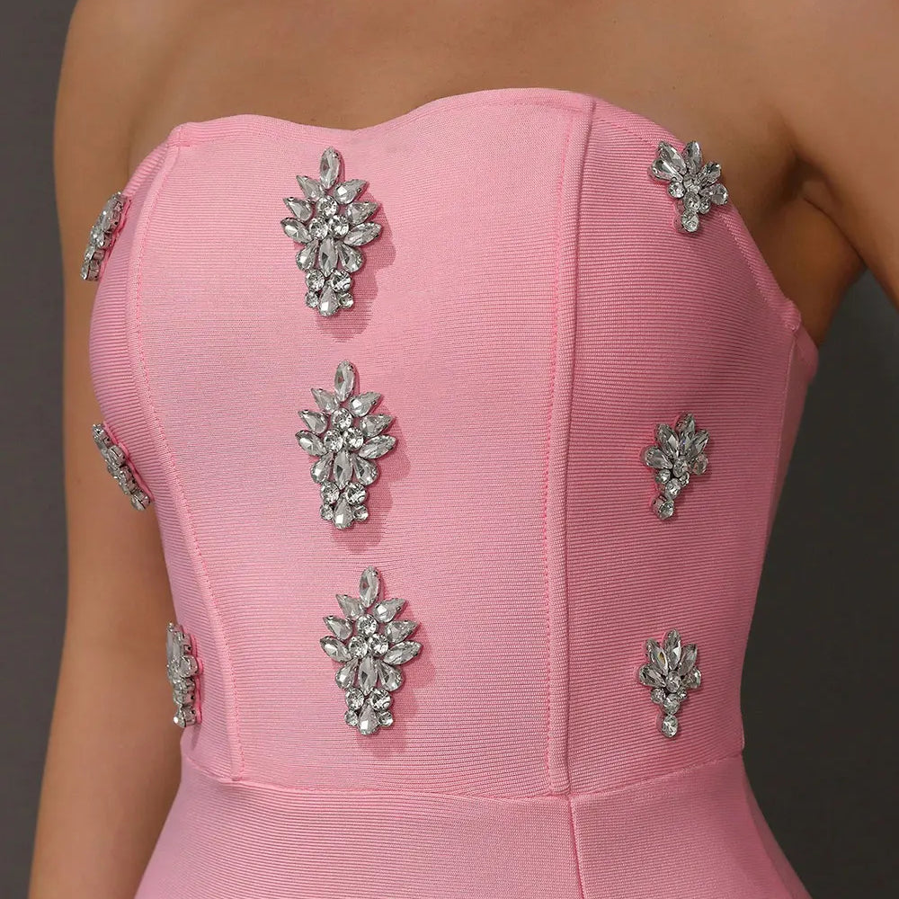 2024 Sexy Women'S Light Luxury Rhinestone Bandage Dress Strapless Sleeveless Bodycon Split Length Dress Christmas Party Vestidos