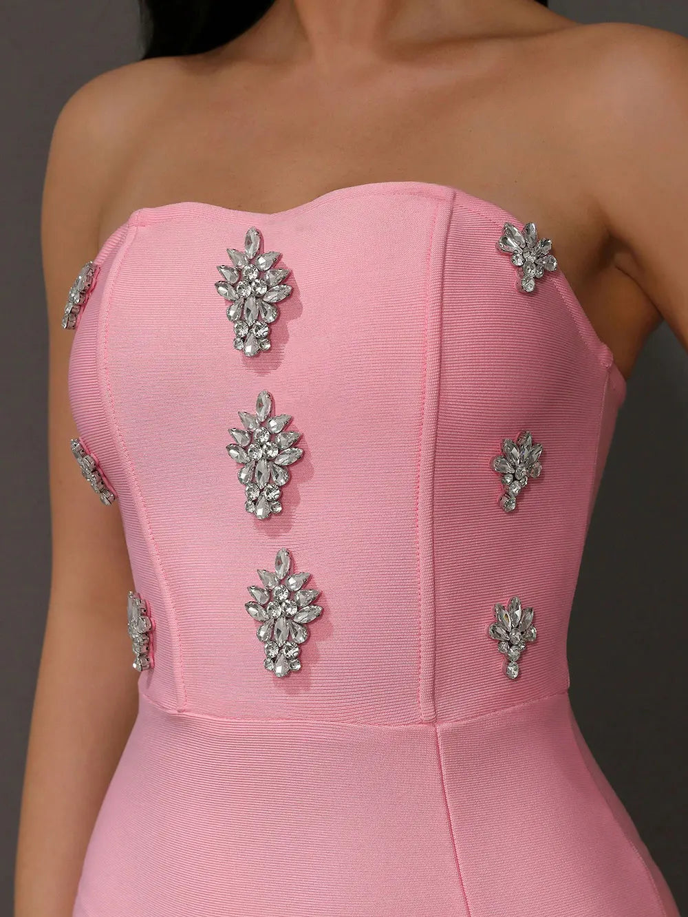 2024 Sexy Women'S Light Luxury Rhinestone Bandage Dress Strapless Sleeveless Bodycon Split Length Dress Christmas Party Vestidos