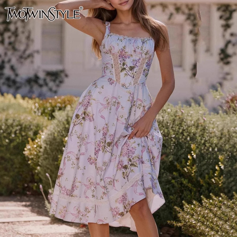 Printing Hollow Out Spliced Lace Elegant Dresses for Women Square Neck Sleeveless Patchwork Pockets Dress Female