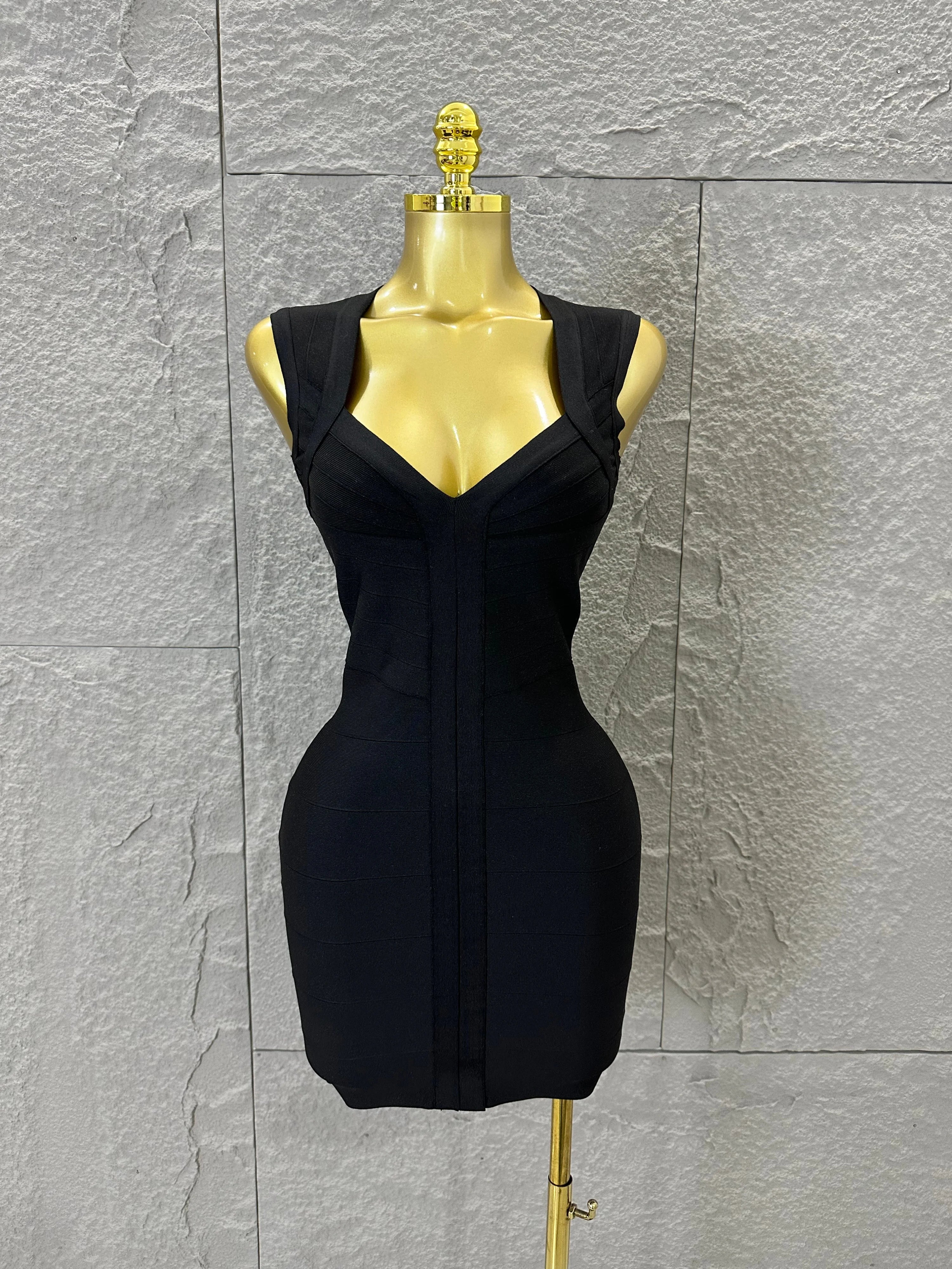 2026 Women Elegant Black Sleeveless Mini Dress Women Sexy Deep V Neck Bandage Form-Fitting Outfit Cocktail Party Costume black