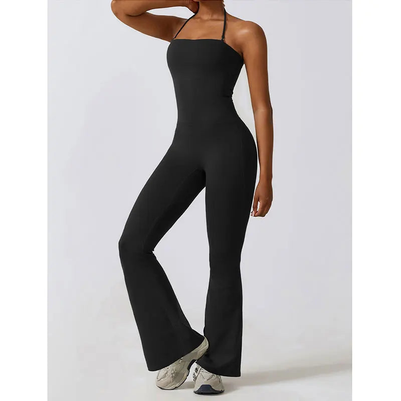 New Sports Jumpsuit for Women Fitness Flare Pants One Piece Yoga Suit Dance Gym Outfits Bodysuit Sportswear Workout Set Premium Black