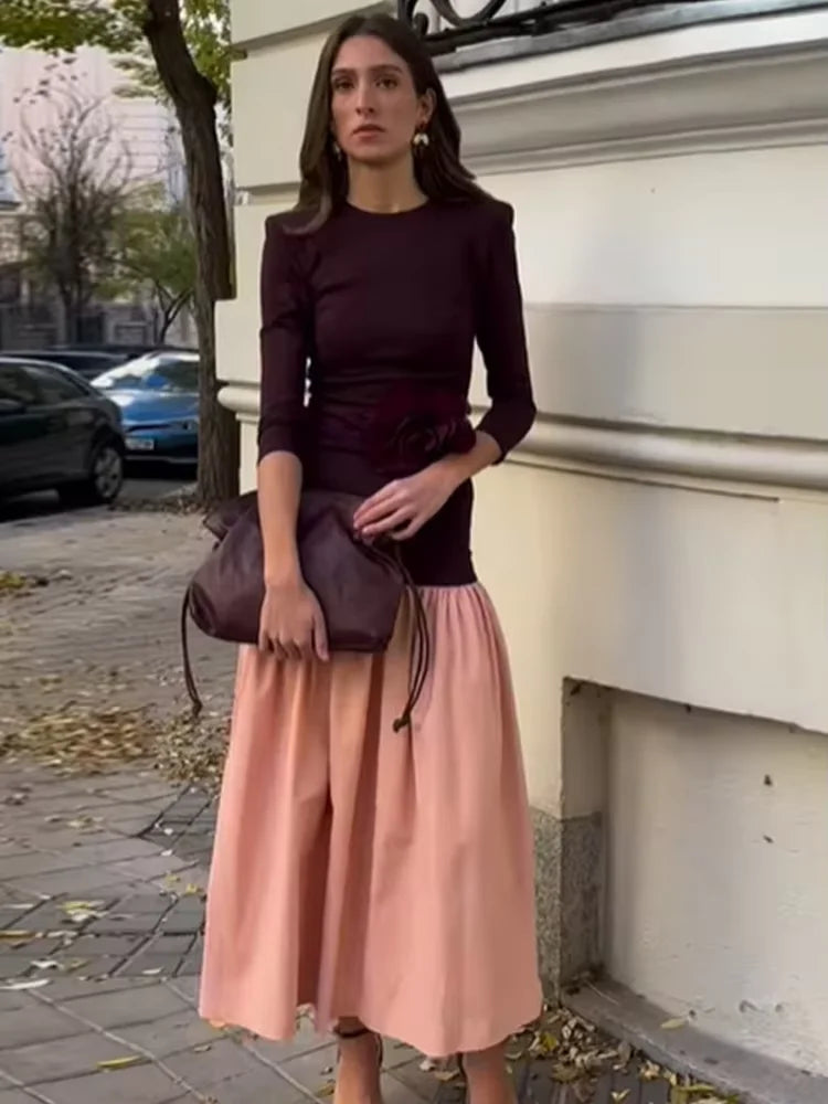 Vintage Women Ruffle Edge Splicing Full Sleeve Dress Fashion Round Neck A-line Maxi Dresses 2025 Lady New Spring Highstreet Robe Red