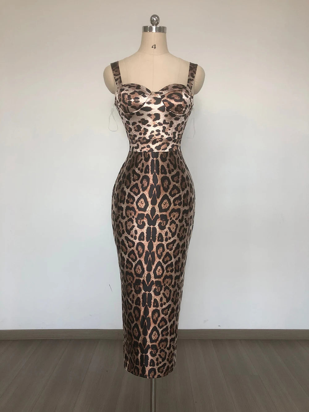 Vintage-Glam Leopard Slip Sleeveless Tight Midi Dress Party Spotlight Evening Gown AS PIC