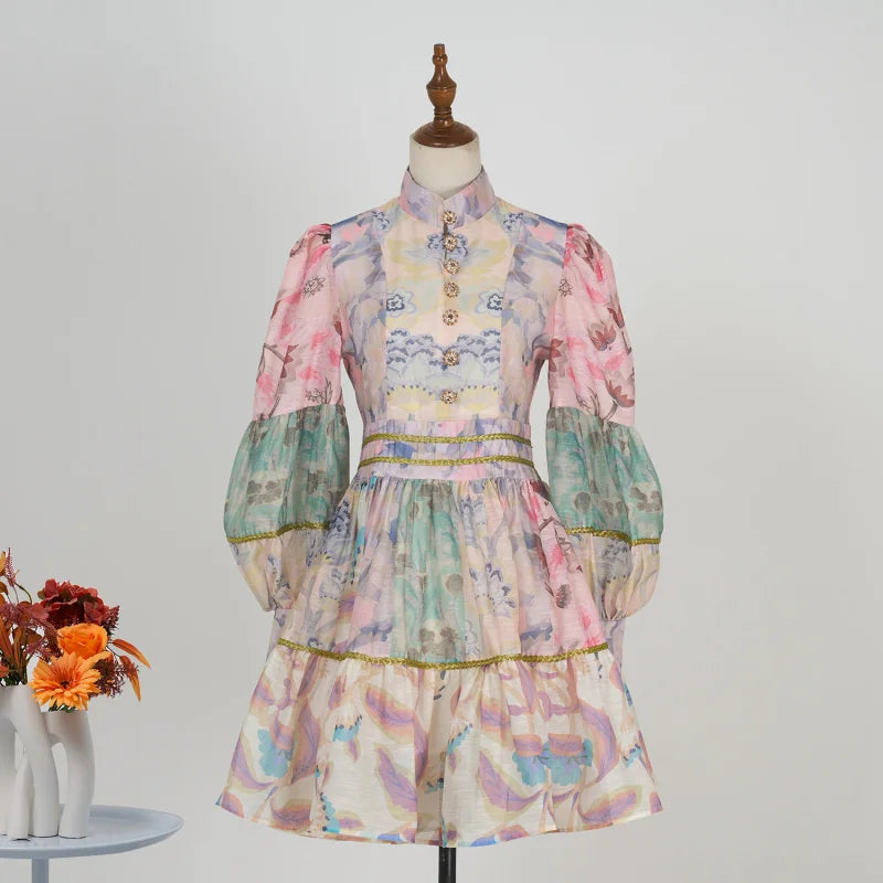 Fall Real Shot Spot Customized New Product Vintage Court Style Small Stand Collar Bubble Sleeve Waist-Tight Dress