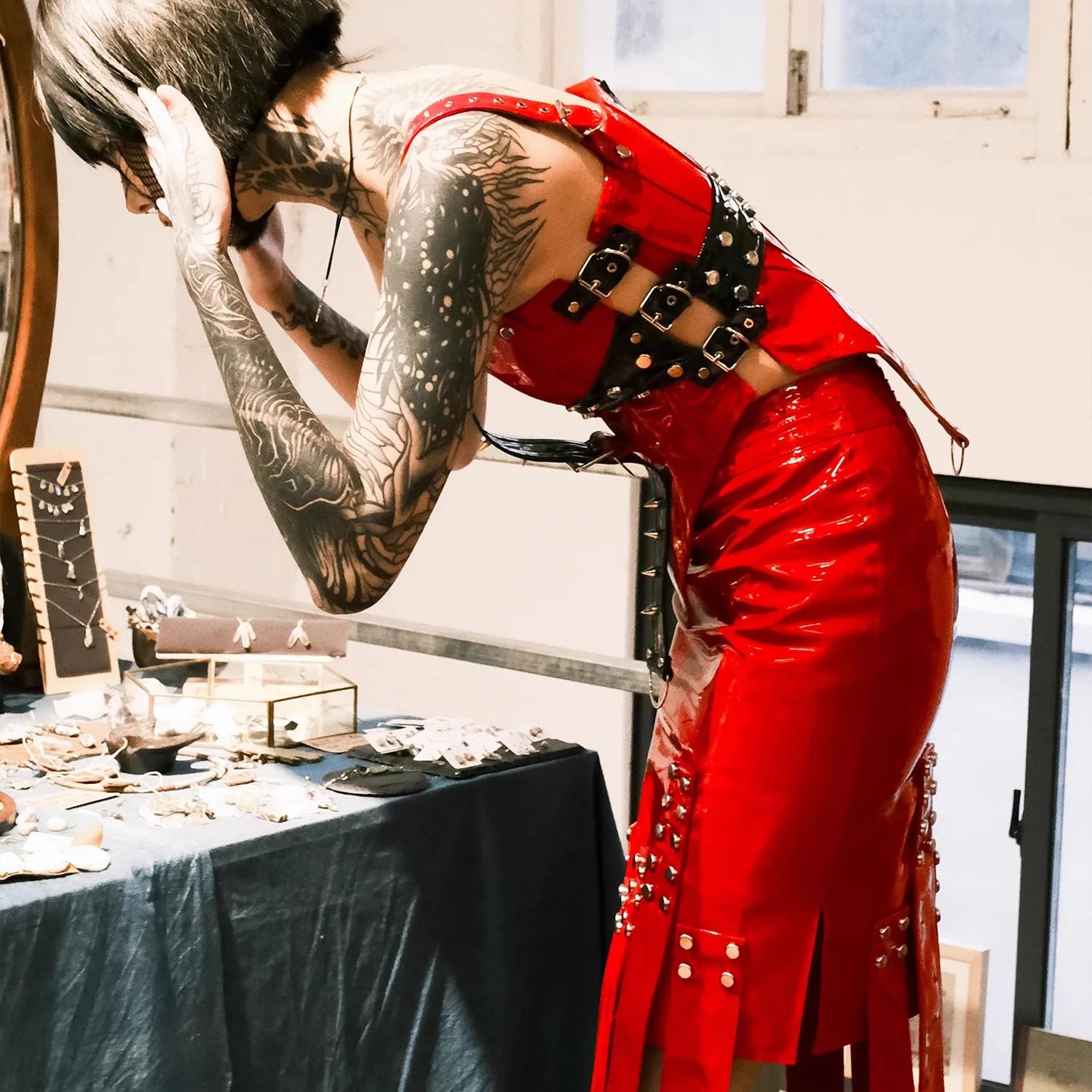 Lautaro Cool Red and Black Patchwork Patent Leather Y2K Tank Tops 2000s Women Luxury Designer Gothic Woman Clothing Streetwear