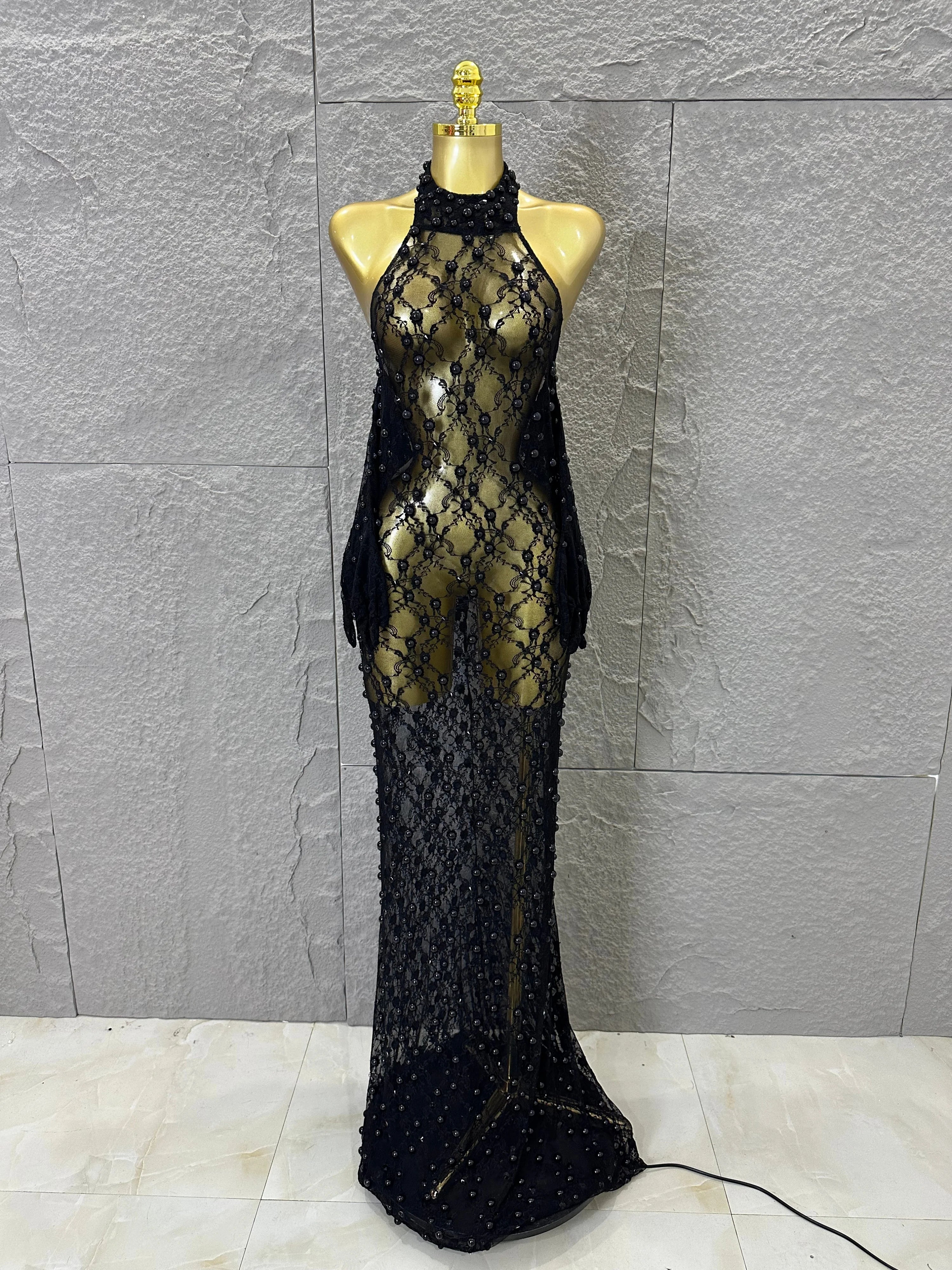 Black Opulent Halter Neck Maxi Sheer Mesh Beaded Lace Dress Form-Fitting Outfit Nightclub Party Evening Gala Costume black