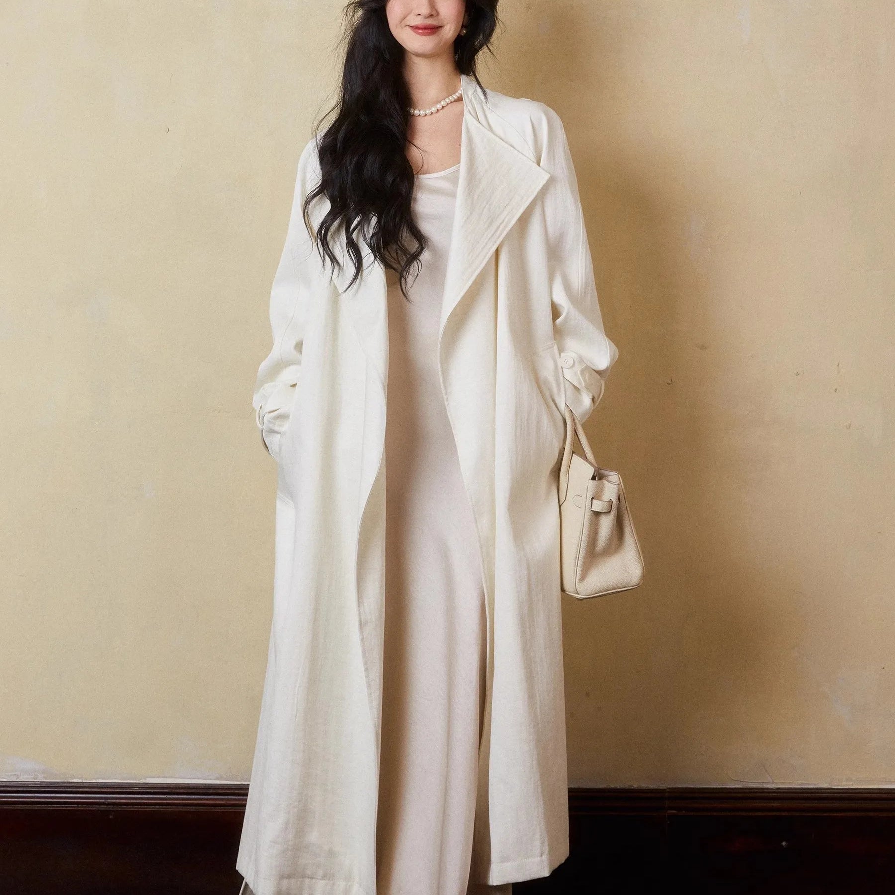 Lautaro Spring Autumn Oversized Long Linen Trench Coat for Women Sashes Loose Casual Flowy Korean Fashion Clothes Overcoat 2025 Beige