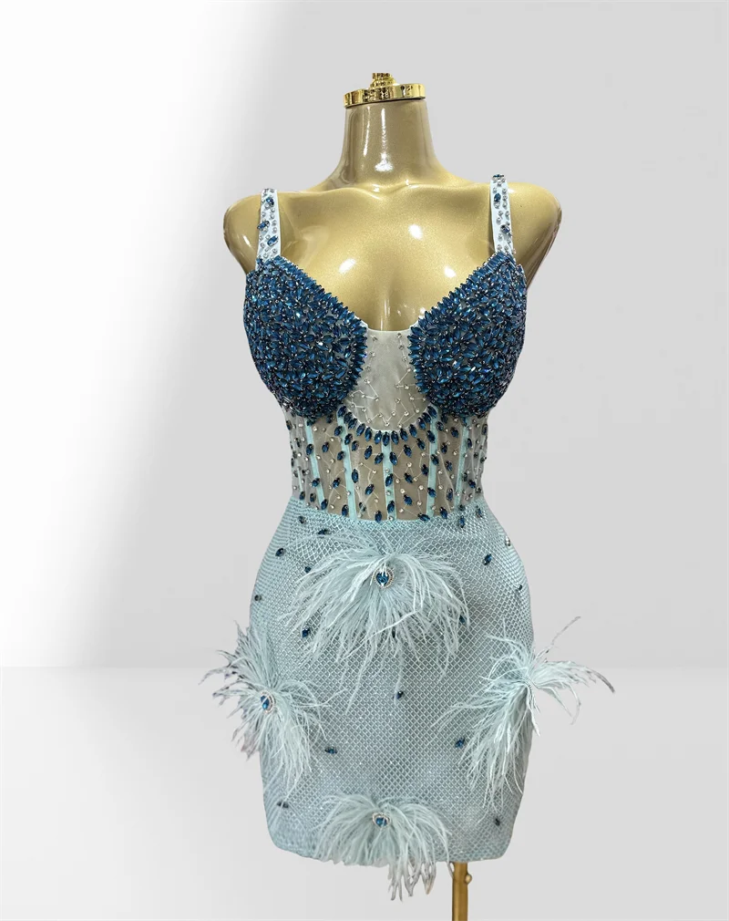 2025 Luxury Feathers Blue Diamonds Sexy See Through Spaghetti Mini Dress Woman Birthday Party Vestido Club Party Outfit