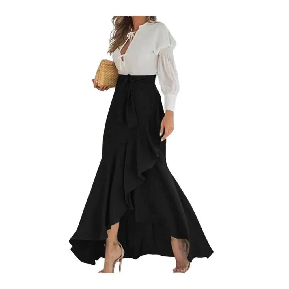 Breathable Skirt Elegant Lace-up Ruffle Trim Maxi Skirt with Plaid Print Bow Tie Detail High Waist Irregular Hem Skirt for Women Black1