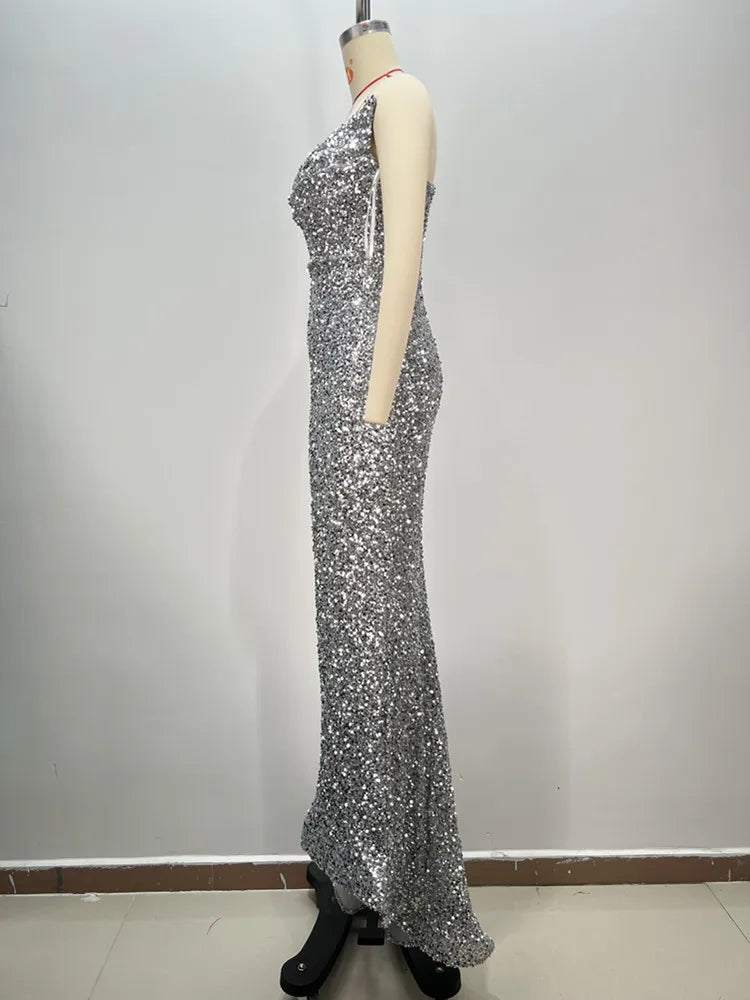 Women Sexy Strapless Backless Mesh Sequins Maxi Long Silver Bodycon Dress 2024 Elegant Party Evening Stage Performance Vestido