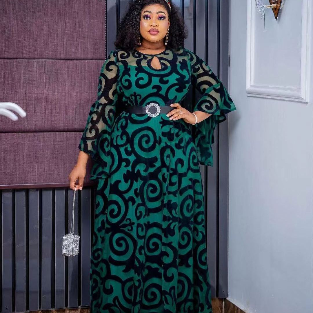 Plus Size African Party Dresses for Women 2024 New Fashion Dashiki Ankara Wedding Gowns Elegant Turkey Muslim Chiffon Maxi Dress Green
