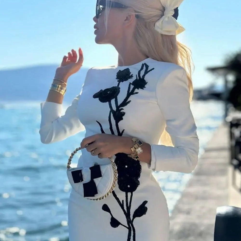 2024 New Women Sequined Bead Flower Elegant Dress O-Neck Long Sleeved Bodycon Mini White Dress Celebrity Cocktail Party Vestidos