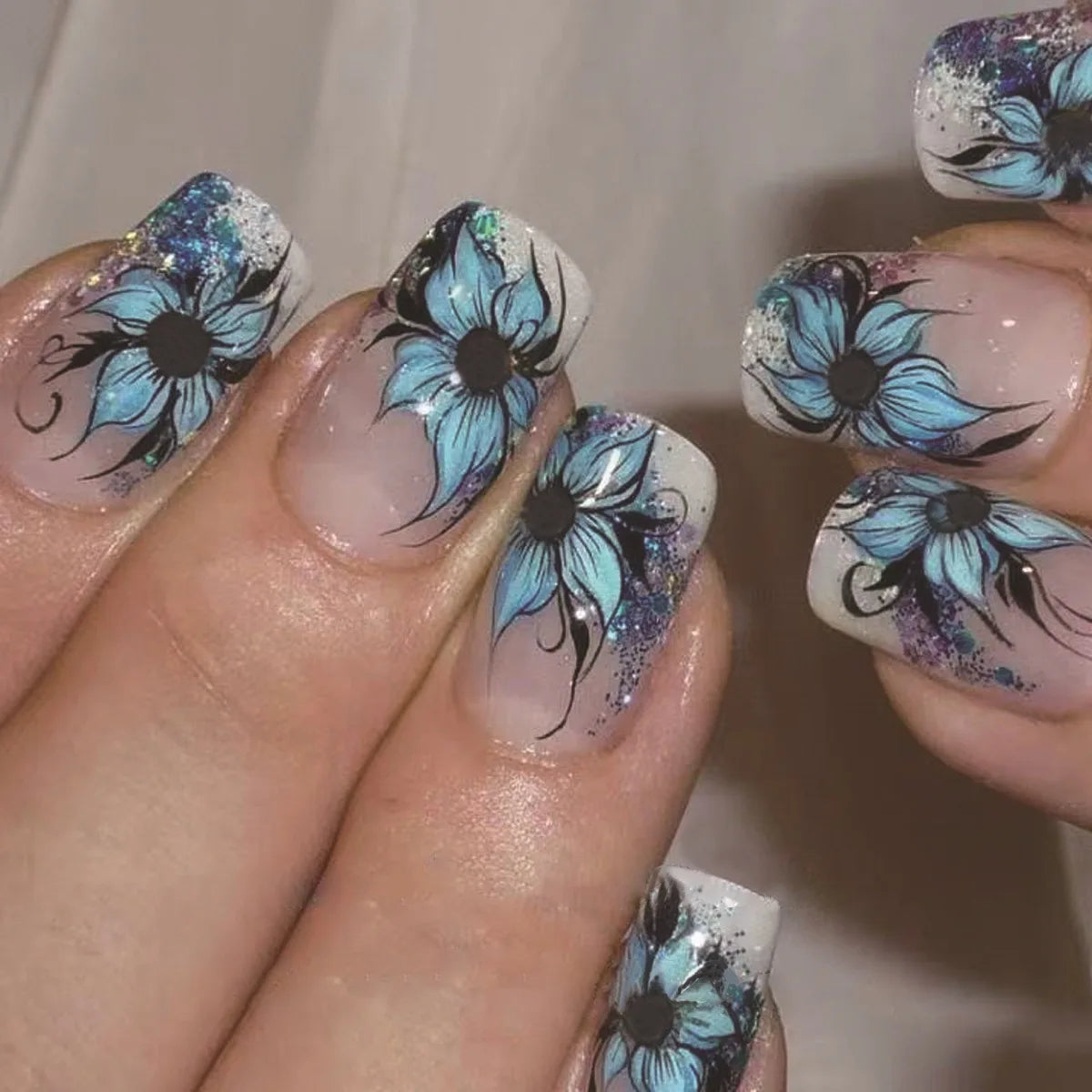 24pcs/set Medium long fake nails yellow dragon flowers feather design for Spring summer Square almond tips press on false nail 2215