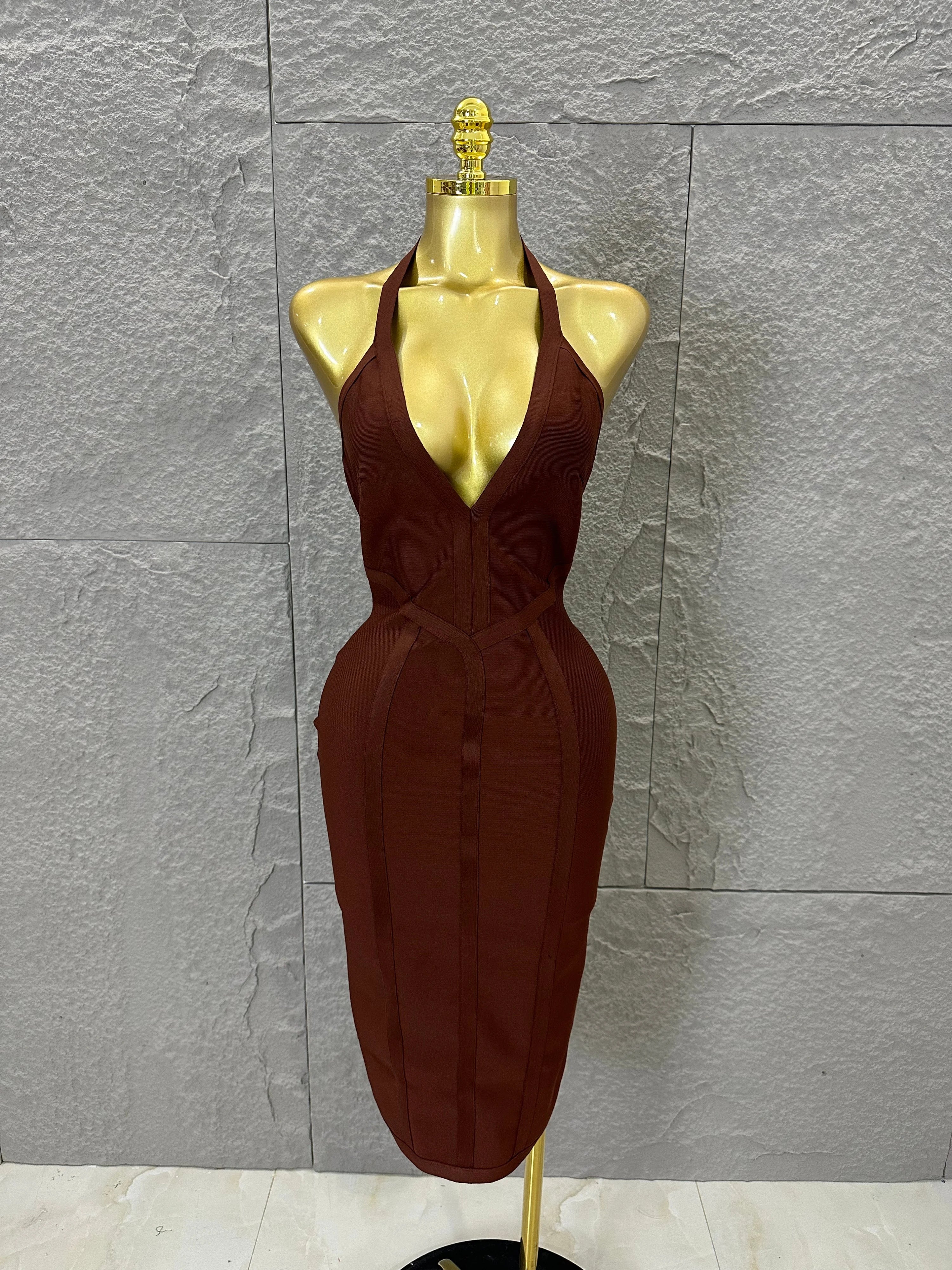 Elegant 2026 Brown Bandage Midi Dress Women Sexy Halter Neck Deep V Bodycon Evening Party Costume Cocktail Party Costume Brown