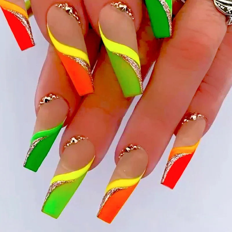 24Pcs Artificial Ballet Nails Set Long Coffin Fake Nails with Gradient Flower Design Wearable Frenchfull Cover Press on Nail Tip 1655
