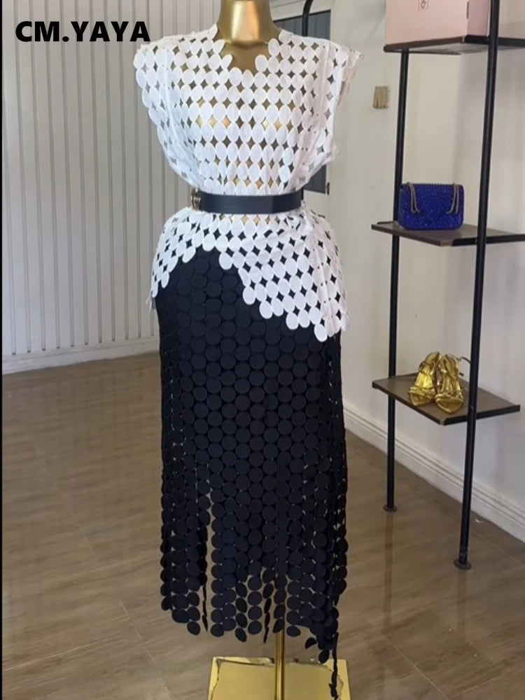 CM.YAYA Women Cutout O-neck Crop Top and Bodycon Midi Slim Maxi Long Skirt Suit 2025 Summer Vacation Sexy Two 2Piece Set Outfits
