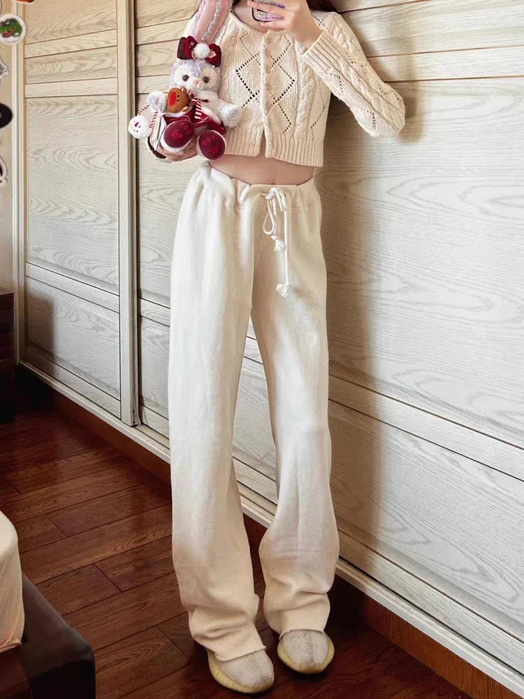 Y2K Girl Casual Women Fashion Soft Cotton Drawstring Wide Leg Pants Summer Vintage Low Waist Solid Color Female Pants Mujer BSBM014 One Size