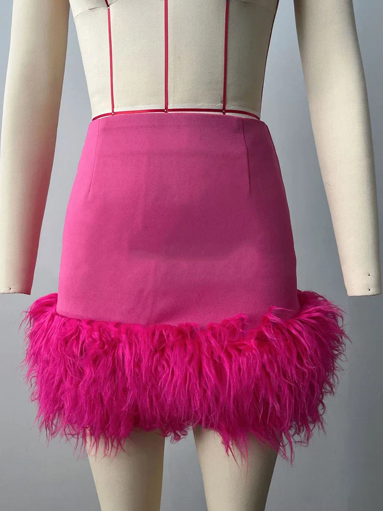 DEAT Spliced Feather Skirt Women Elastic Waist Slim Short Style Sexy Solid Color New Fashion Versatile Female 33A034 Pink 1
