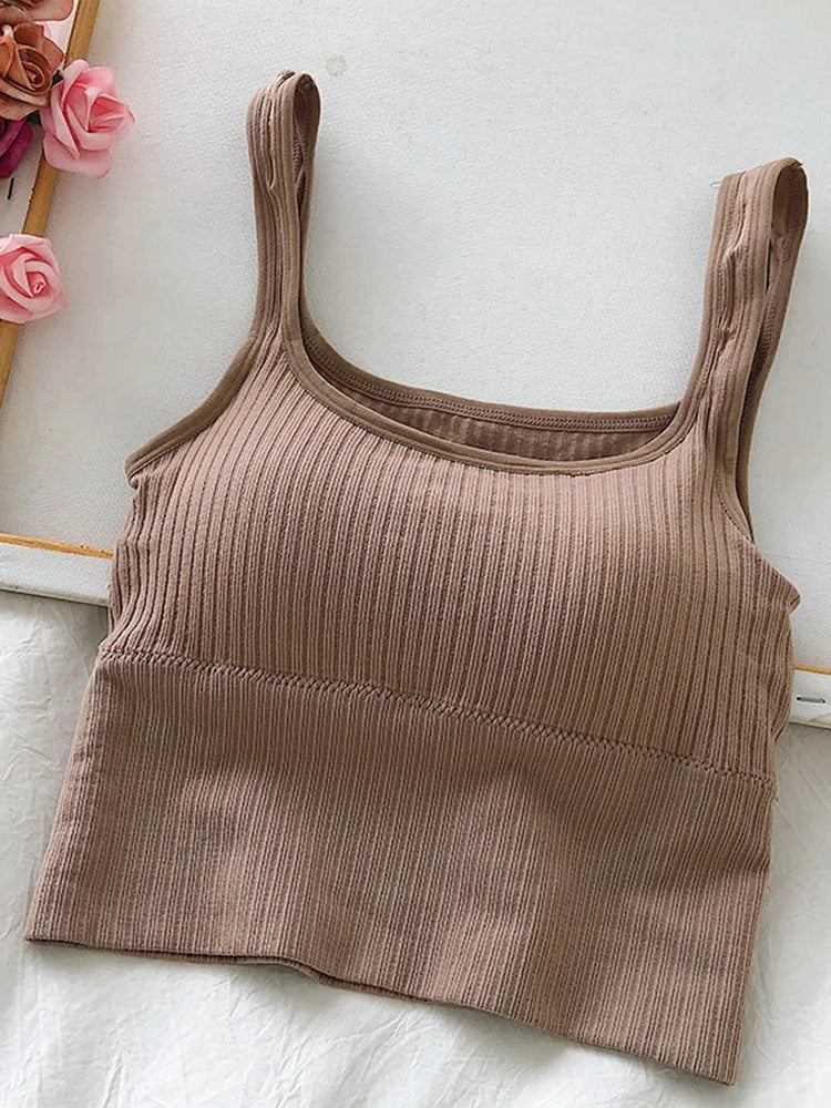 Summer Crop Top Women Seamless Square Collar Wide Straps Tank Top Knitted Striped Camisole Solid Corset Top Female Khaki one size for 40-65kg