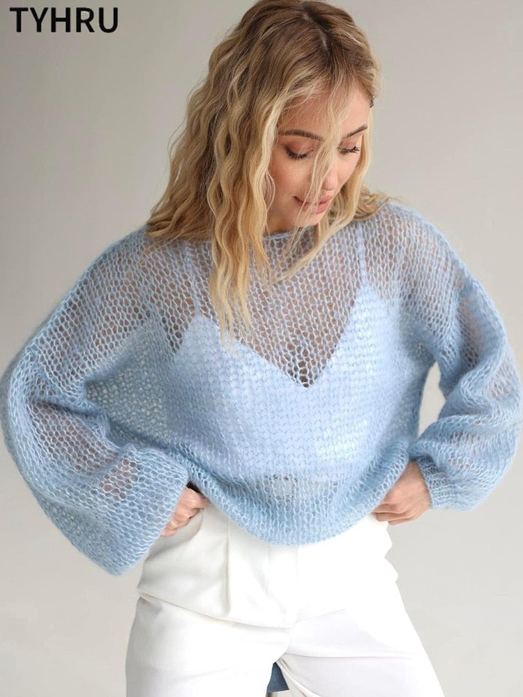 TYHRU – pull tricoté en maille ajourée pour femme, pull fin, transparent, manches lanternes, hauts amples, Smock