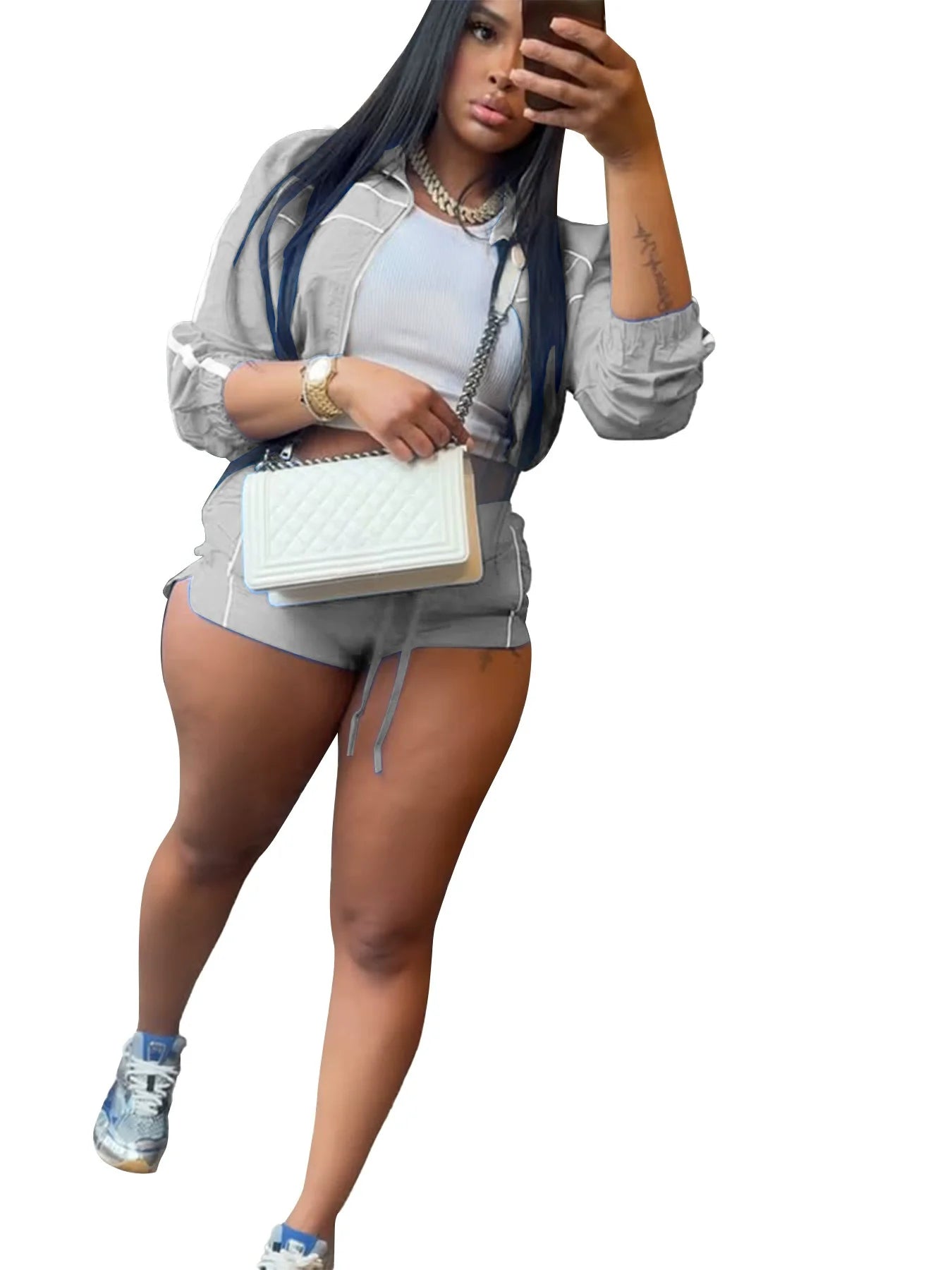 Women's Set Long Sleeve Jacket + Shorts Suit 2025 Summer Streetwear Active Slim Sporty Two 2 Piece Set Outfit Tracksuit GRAY