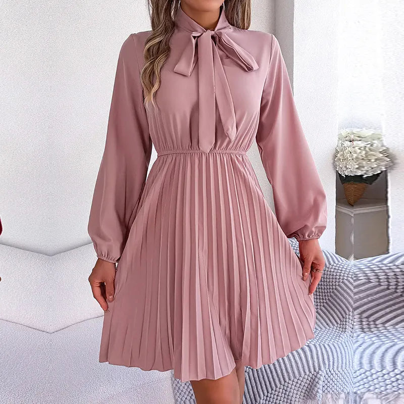 Women's 2024 New Autumn Winter Temperament Lace Up Solid Color High Waist Long Sleeve Pleated Dress Pink