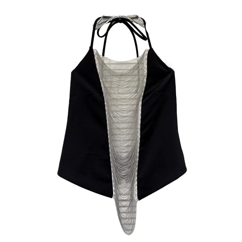 Winter New Fashion Chain Tassel Hollow Design Lace-Up Halter Neck Camisole For Women Backless Tank Tops 11A07579