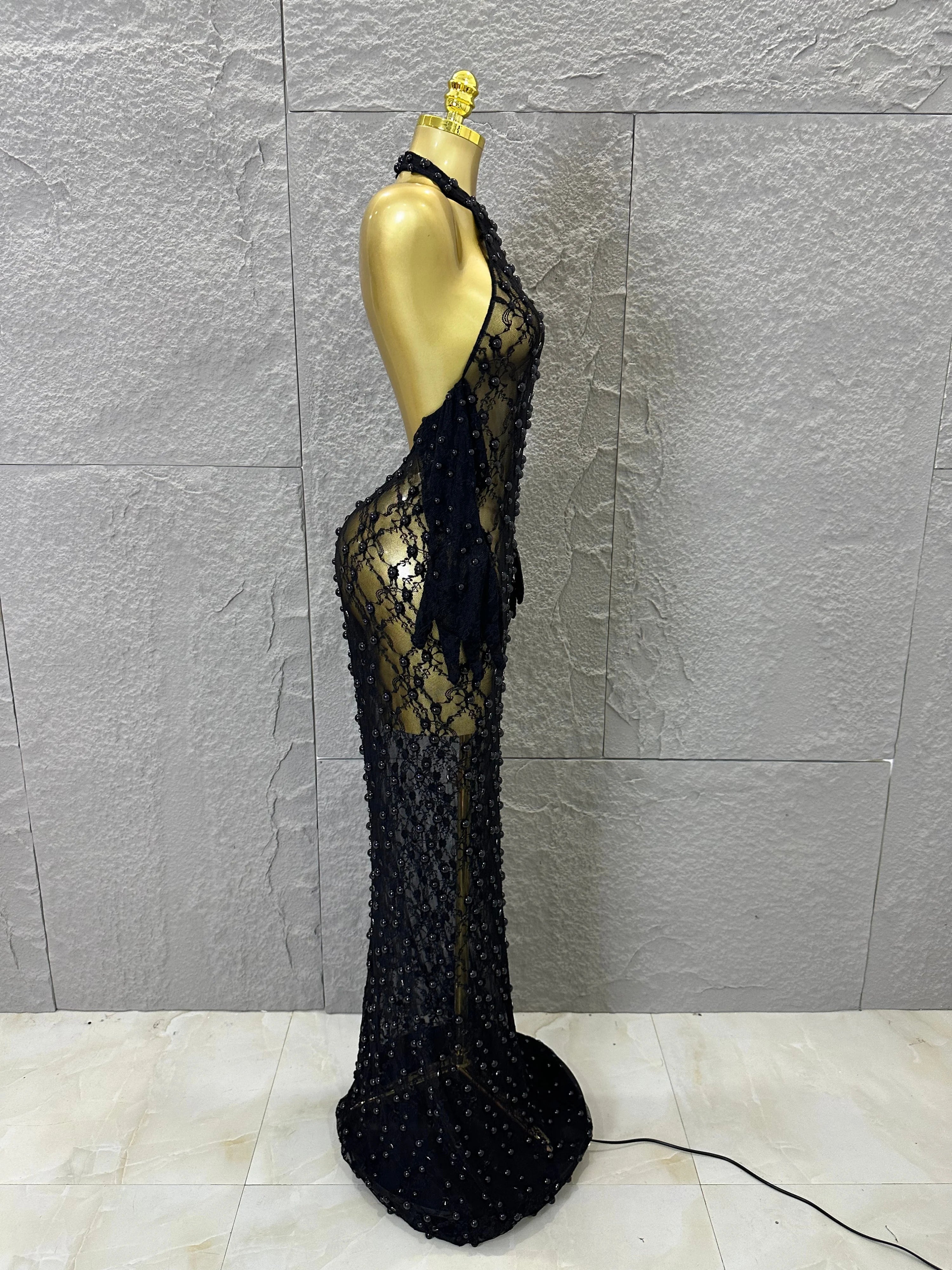 Black Opulent Halter Neck Maxi Sheer Mesh Beaded Lace Dress Form-Fitting Outfit Nightclub Party Evening Gala Costume