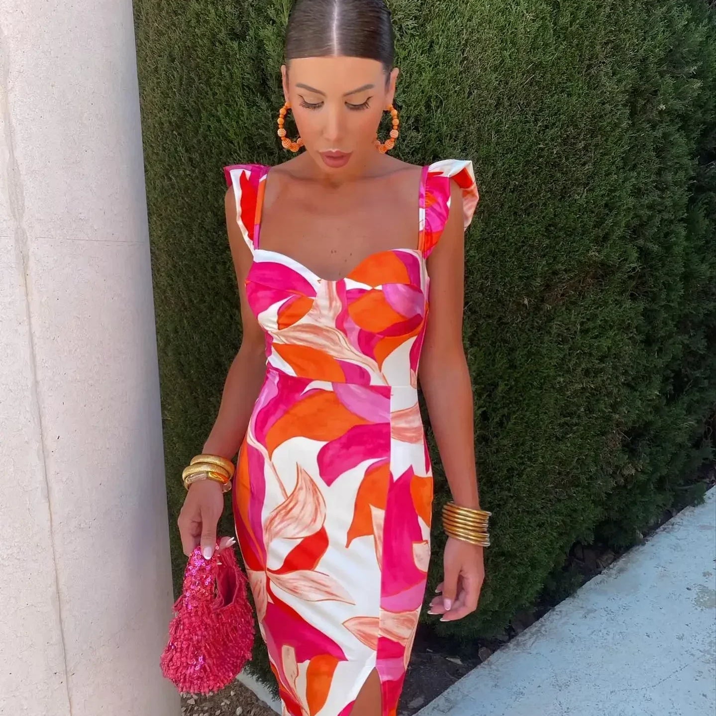 Fashion Print Fly Sleeve Midi Dress For Women Elegant Square Neck Sheath Split Dresses Female Vintage High Street Vestidos